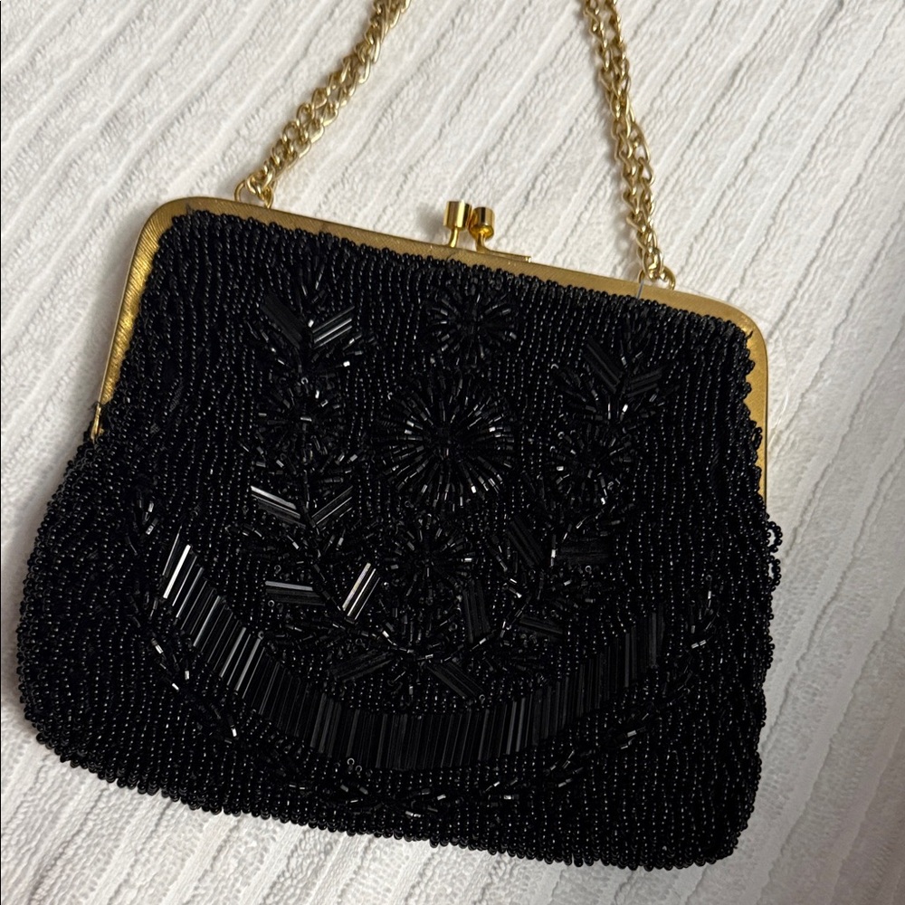 La Regale Black Beaded Clutch with Gold Chain